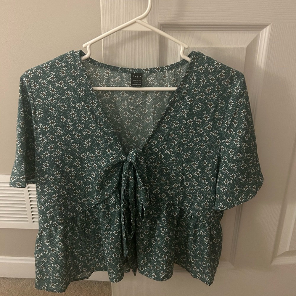 SHEIN Teal Floral Blouse with Tie Front